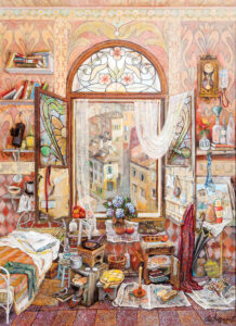Aldo Bressanutti Interni “Interno con vista” cm. 60x83.  Olio su tavola. 1998