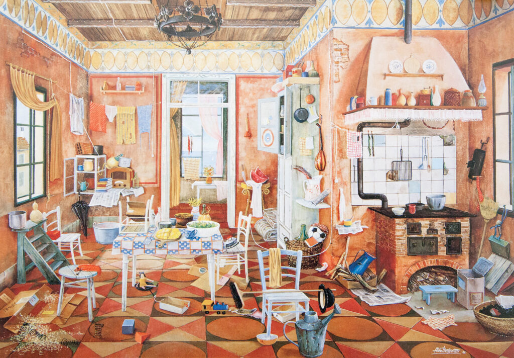 "La cucina rossa" cm. 90x70. Olio su tavola. 1986