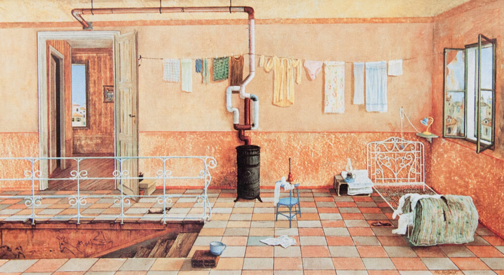 "Soffitta" cm. 55x30. Olio su tavola. 1992