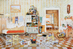 Aldo Bressanutti Interni “Preparando la colazione” cm. 60x40. Olio su tavola. 1992