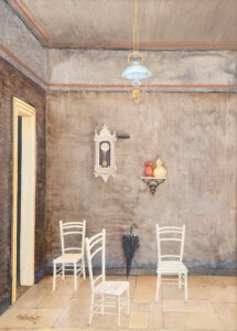 Aldo Bressanutti Interni "Le tre sedie" cm. 25x35. Olio su tavola. 1971