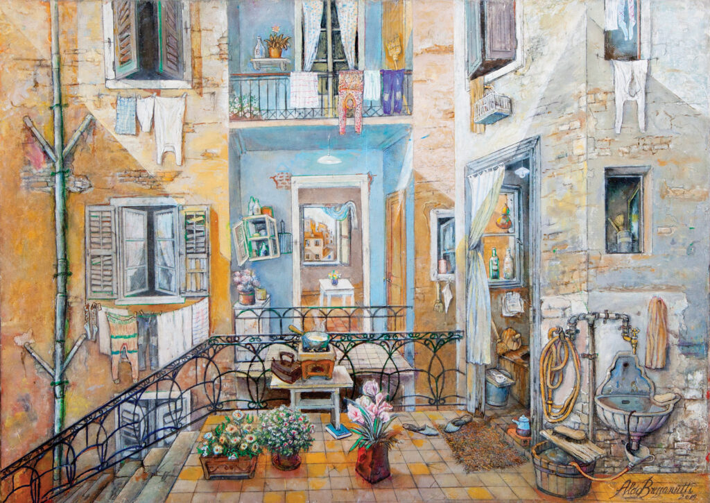 Aldo Bressanutti Interni "La balconata" cm. 70x50. Olio su tavola. 2015
