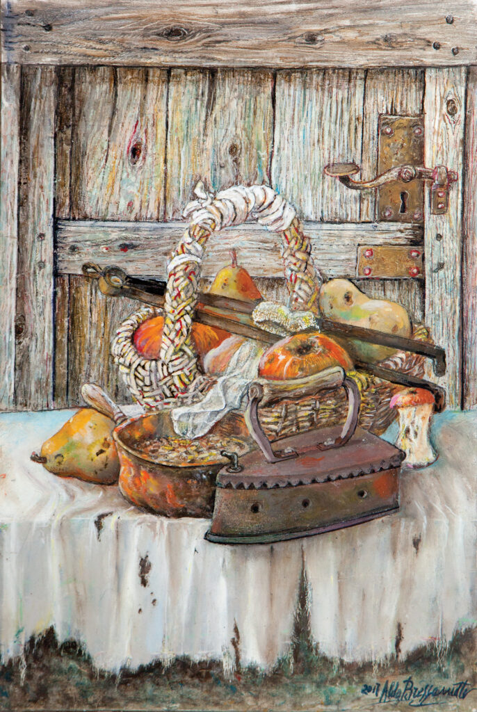 Aldo Bressanutti Nature Morte  "Pomi e peri" cm. 31x46. Olio su tavola. 2015