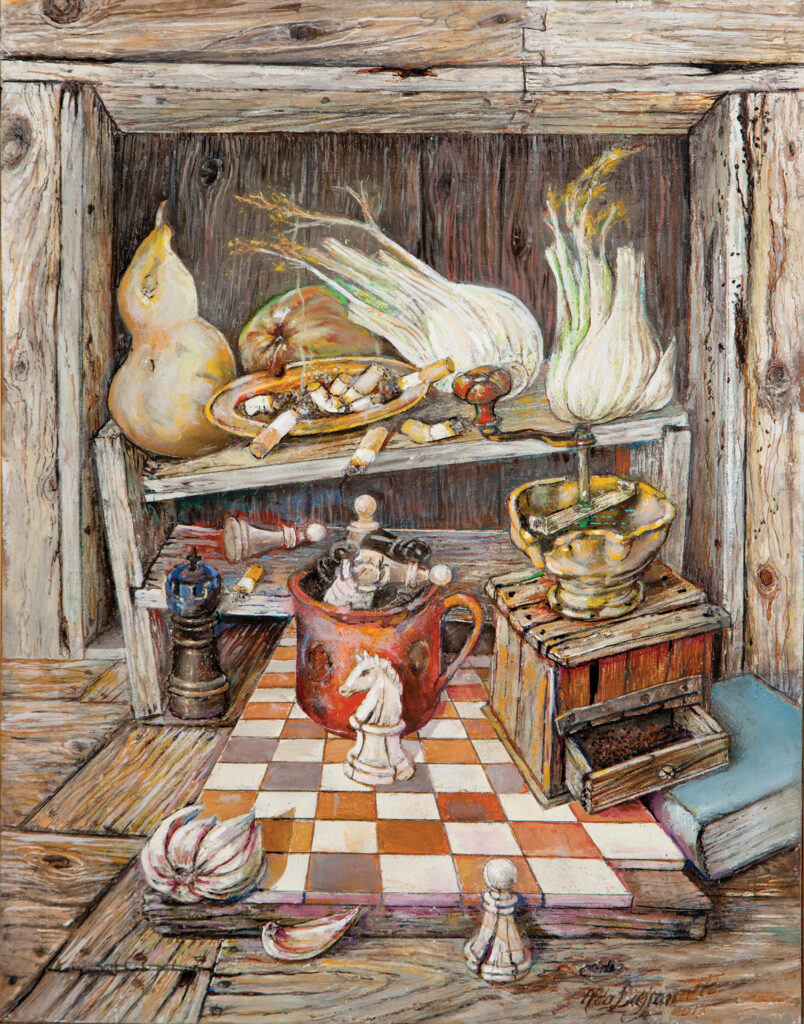 Aldo Bressanutti Nature Morte "La scacchiera" cm. 35x45. Olio su tavola. 2015