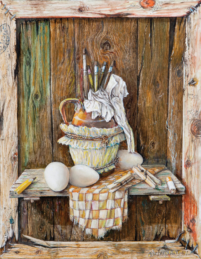 Aldo Bressanutti Nature Morte "Uova in cornice" cm. 35x45. Olio su tavola. 2015