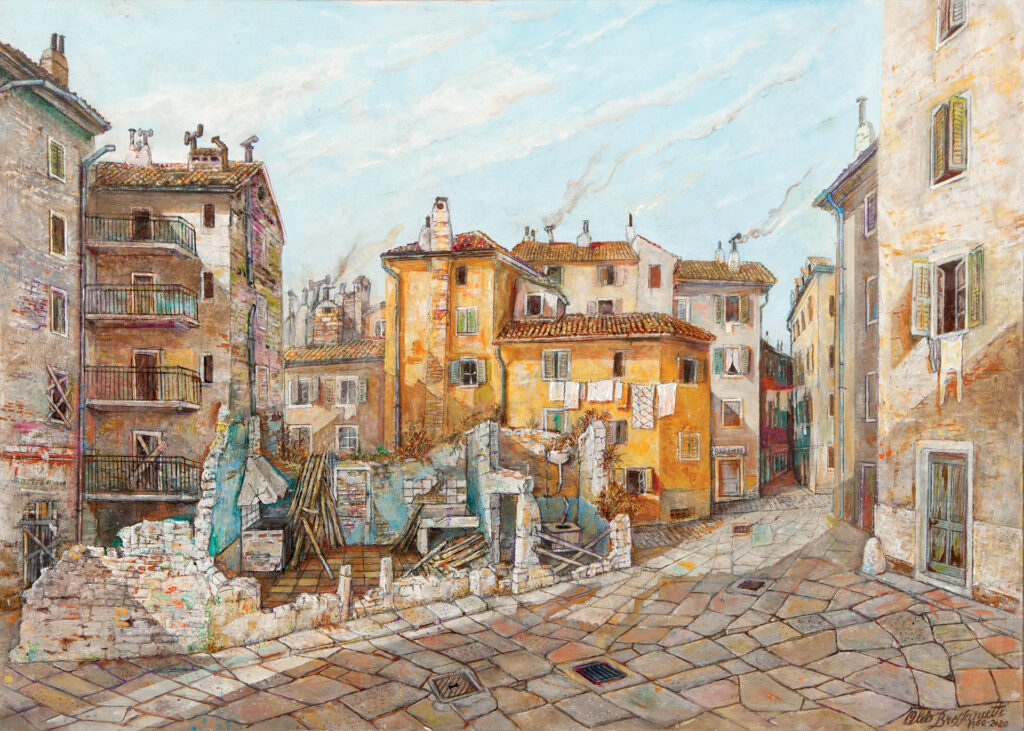 Aldo Bressanutti Esterni "Cittavecchia 2000" cm. 70x50. Olio su tavola. 2000