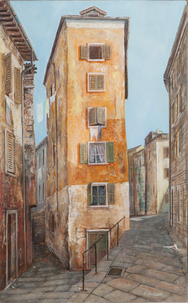 Aldo Bressanutti Esterni "Finestre su Cittavecchia" cm. 25x40. Olio su tavola. 1971