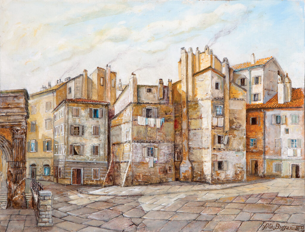 Aldo Bressanutti Esterni "Piazzetta" cm. 45x35. Olio su tavola. 2005