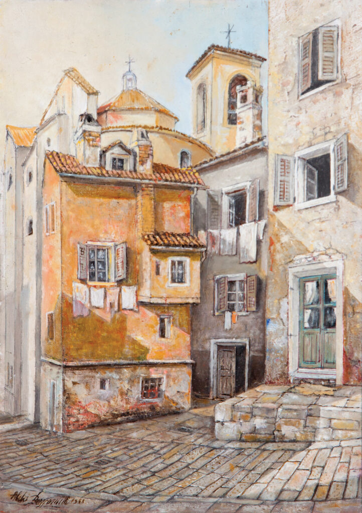 Aldo Bressanutti Esterni "Via dei Colombi" cm. 25x35. Olio su tavola. 2014