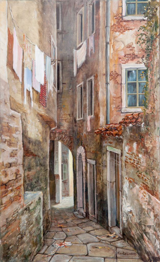 Aldo Bressanutti Esterni "Vicolo in cittavecchia" cm. 25x40. Olio su tavola. 1972