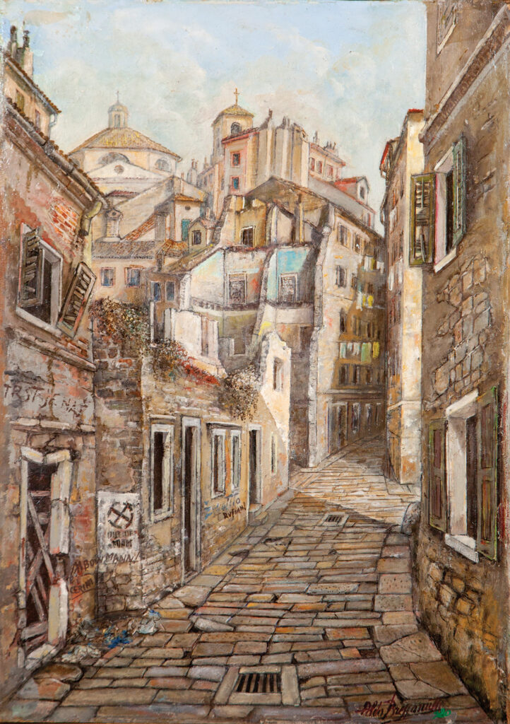Aldo Bressanutti Esterni "Via delle Mura" cm. 35x50. Olio su tavola. 1993