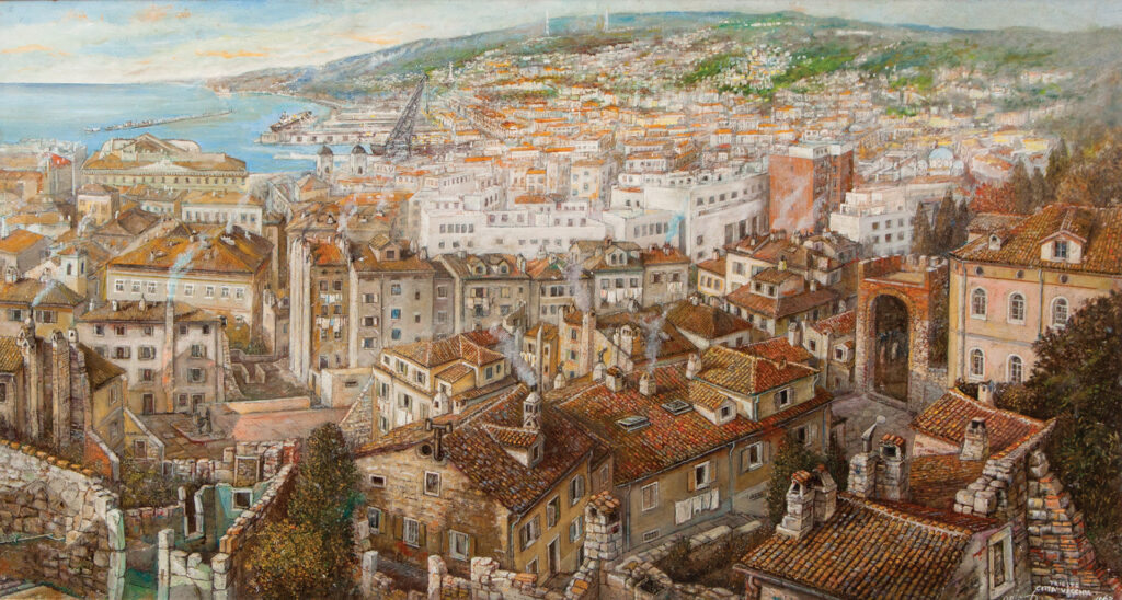 Aldo Bressanutti Esterni "Da via Capitolina" cm. 100x53. Olio su tavola. 1985-2017