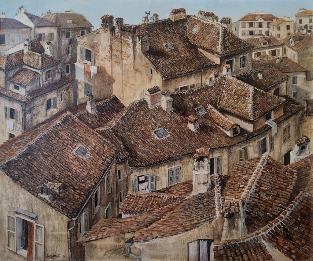 "Abbaini in Cittavecchia" cm. 60x50. Olio su tavola. 1970
