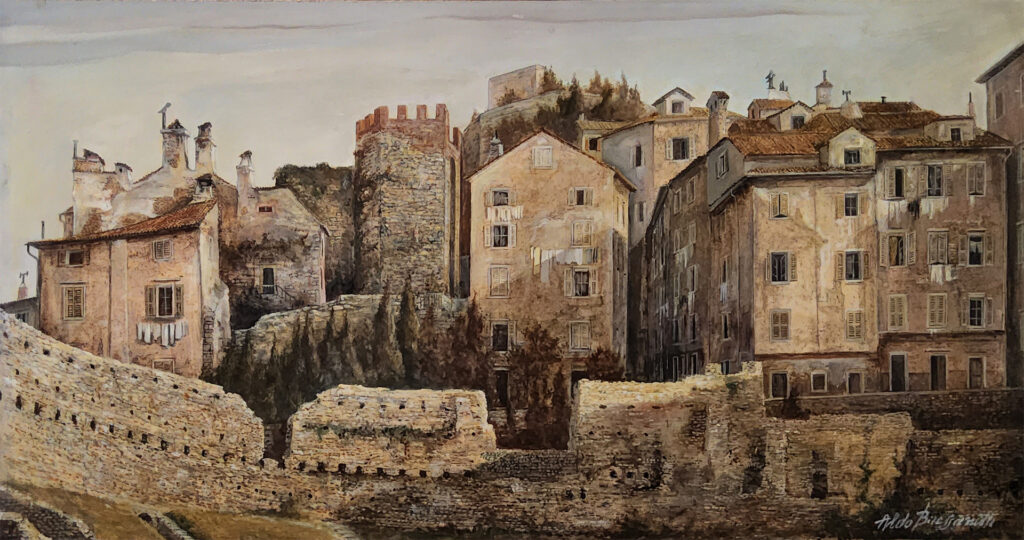 "Teatro Romano" cm. 80x42. Olio su tavola. 1974